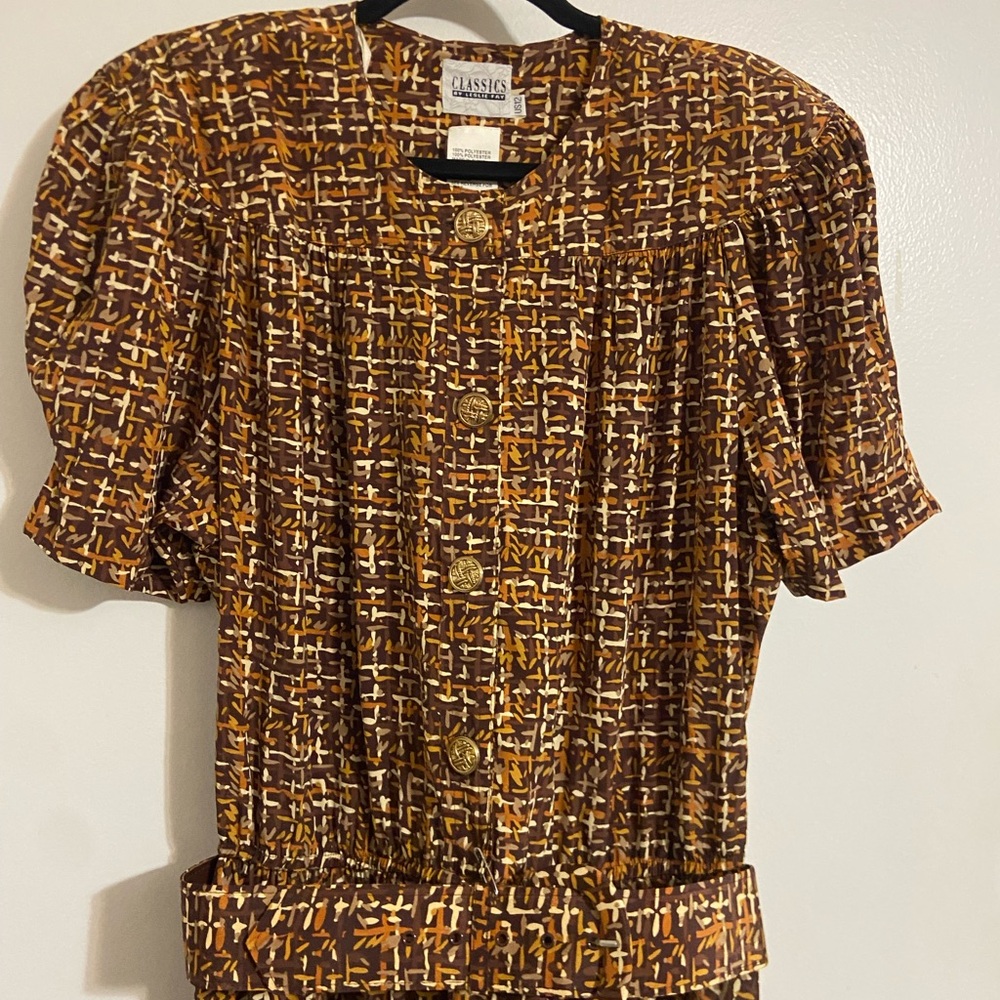 VTG Leslie Fay Brown dress pockets & belt women’s 12 gold buttons | secretary